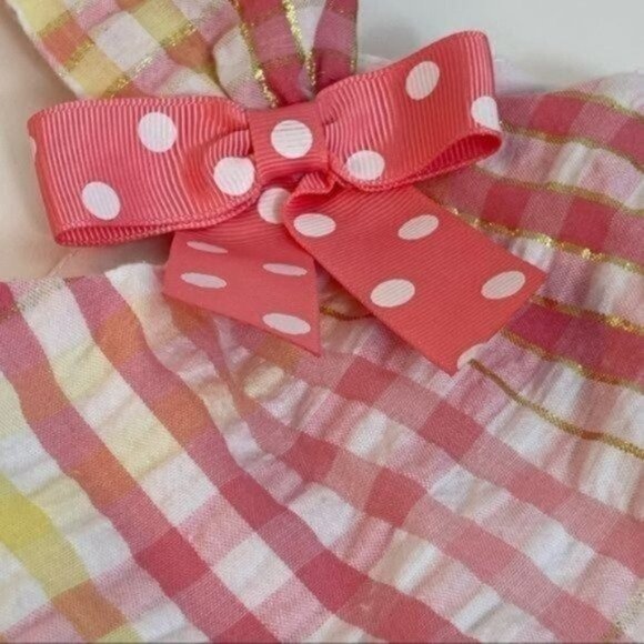 Ashley Ann 3T Dress gingham polka dots bows shiny stripes 3 button back Opening - Picture 6 of 7